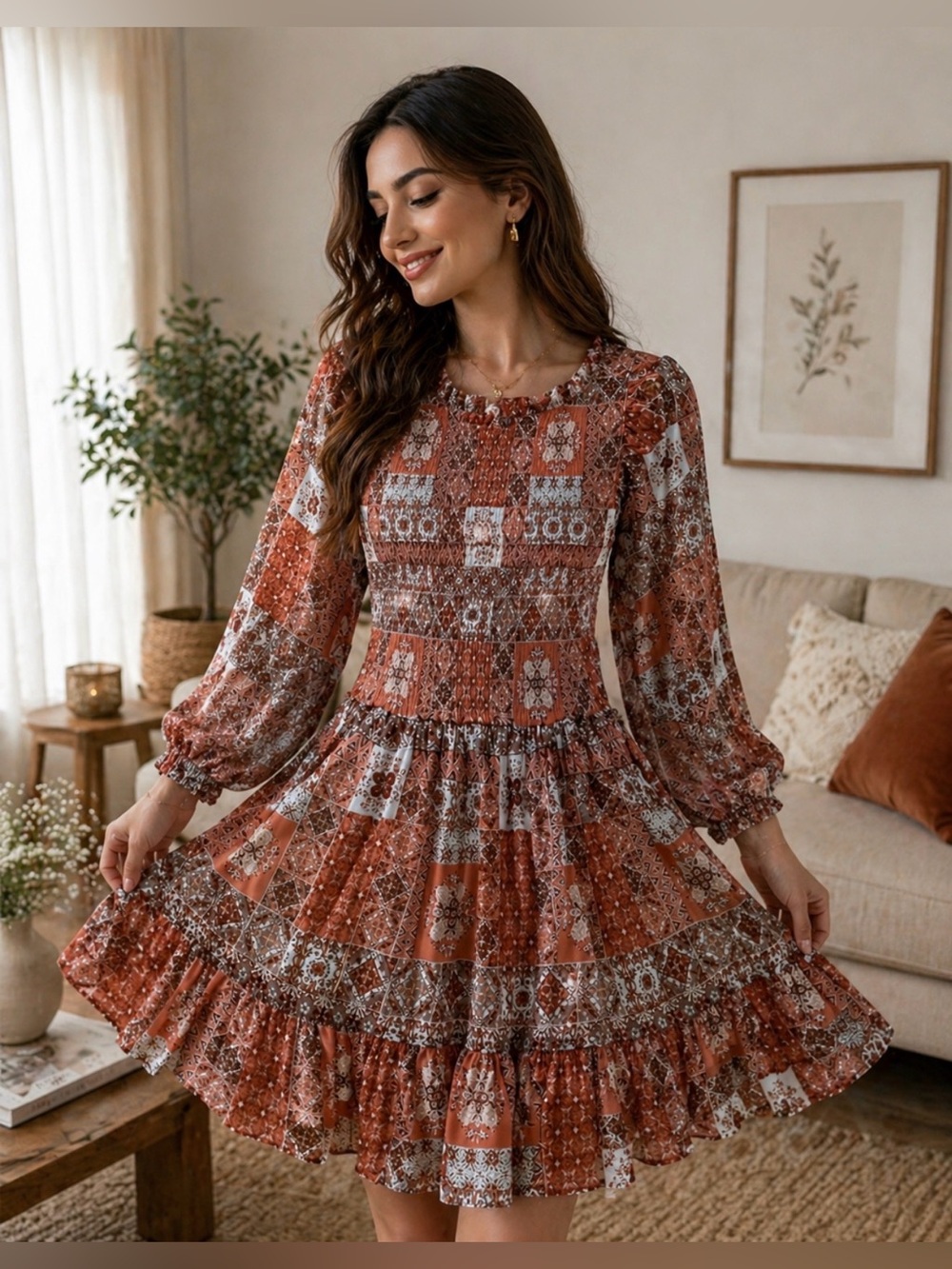 Versona Rust Patchwork Mini Dress with Smocked Bodice